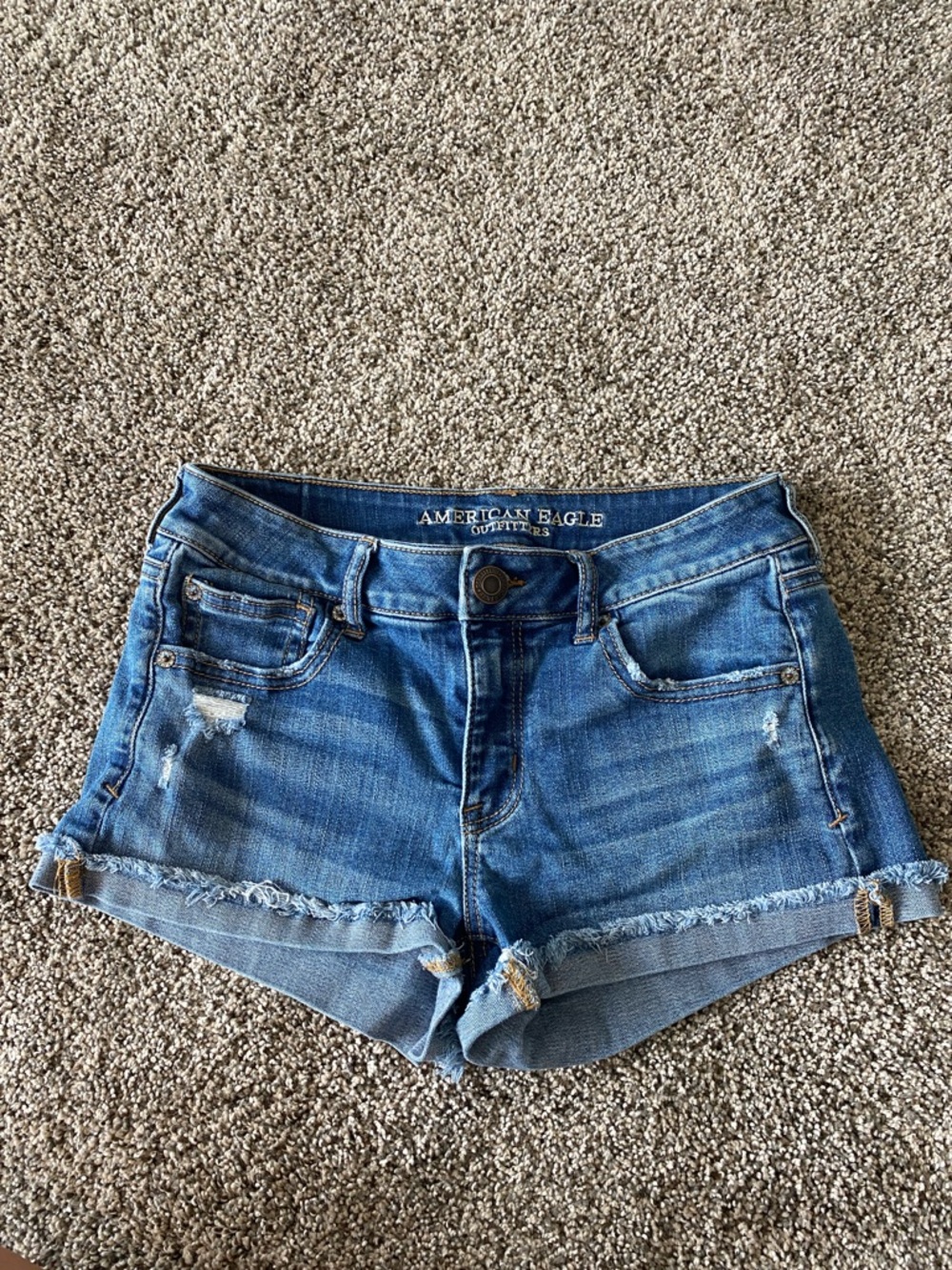 American Eagle Outfitters Distressed Blue Denim Roll-Hem Shorts
